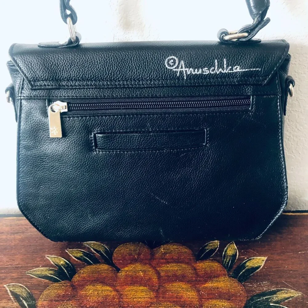 Anuschka Embroidered Leather Flap Turn-Lock Satchel Magical Wings Blk Butterfly